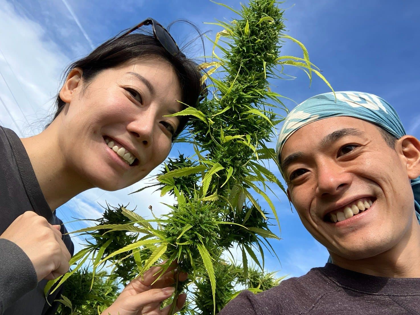 青空の下、麻の株を手に自撮りするふたり